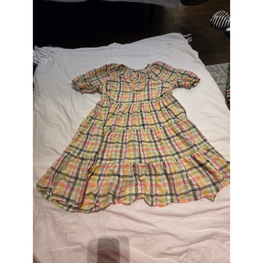 Crown & Ivy Plaid Metallic Tiered Babydoll Dress Pink Green Yellow Large